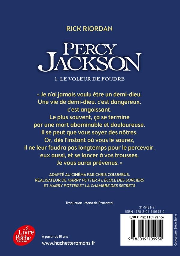 Quatrième de couverture de « PERCY JACKSON - TOME 1 - LE VOLEUR DE FOUDRE »
