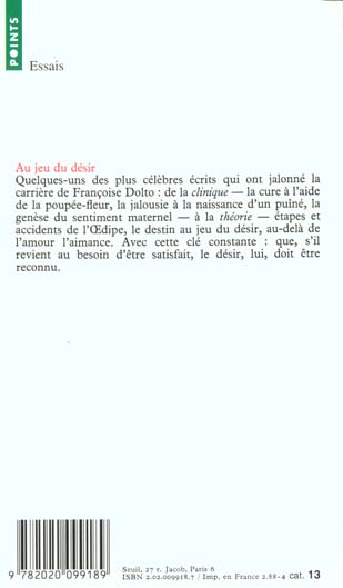 Quatrième de couverture de « AU JEU DU DESIR. ESSAIS CLINIQUES »
