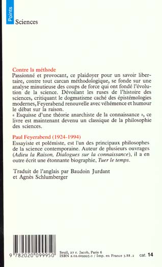 Quatrième de couverture de « CONTRE LA METHODE - ESQUISSE D'UNE THEORIE ANARCHISTE DE LA CONNAISSANCE »