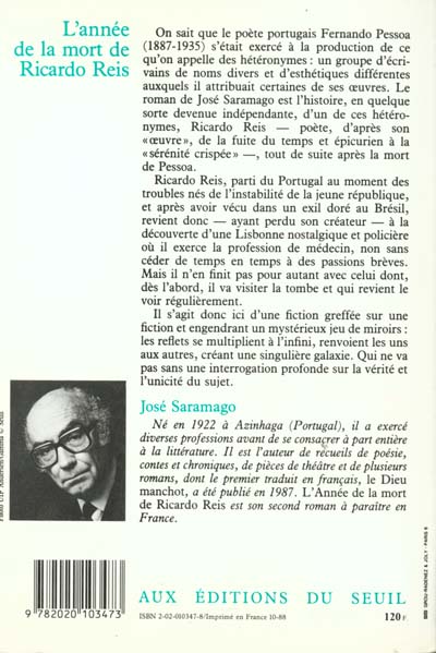 Quatrième de couverture de « L'ANNEE DE LA MORT DE RICARDO REIS »