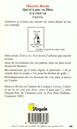 Quatrième de couverture de « QUI N'A PAS VU DIEU N'A RIEN VU. ZAPPING »