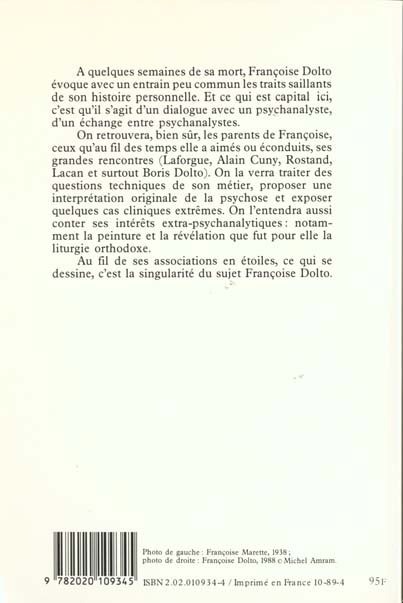 Quatrième de couverture de « AUTOPORTRAIT D'UNE PSYCHANALYSTE (1934-1988) »
