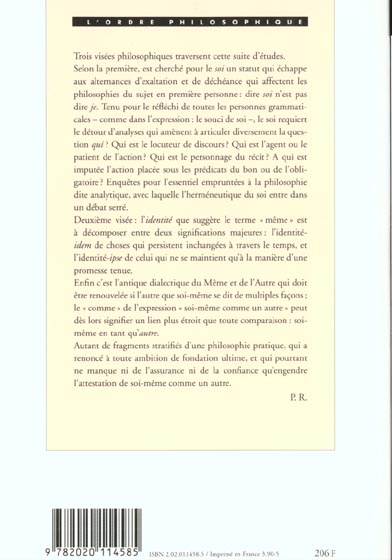 Quatrième de couverture de « SOI-MEME COMME UN AUTRE »