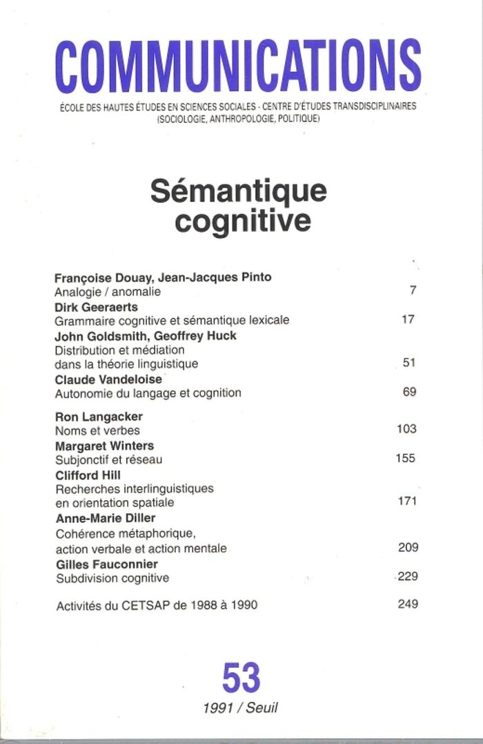 Couverture du livre « COMMUNICATIONS, N 53, SEMANTIQUE COGNITIVE » de Collectif, librairie Les Contes Infusés à Corte