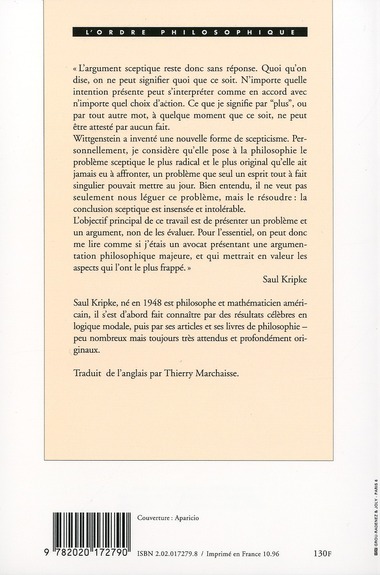 Quatrième de couverture de « REGLES ET LANGAGE PRIVE. INTRODUCTION AU PARADOXE DE WITTGENSTEIN »