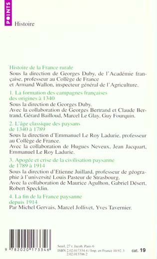Quatrième de couverture de « HISTOIRE DE LA FRANCE RURALE - DE 1789 A 1914 »