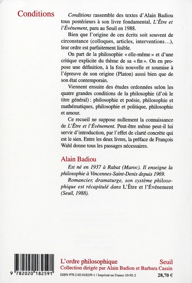 Quatrième de couverture de « CONDITIONS »
