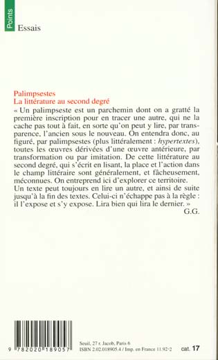 Quatrième de couverture de « PALIMPSESTES - LA LITTERATURE AU SECOND DEGRE »