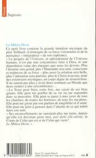 Quatrième de couverture de « LE MILIEU DIVIN - ESSAI DE VIE INTERIEURE »