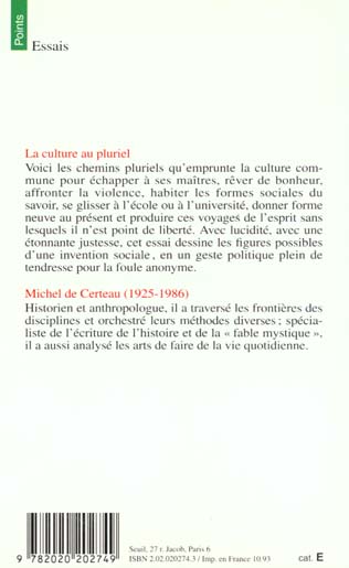 Quatrième de couverture de « LA CULTURE AU PLURIEL - NOUVELLE EDITION »