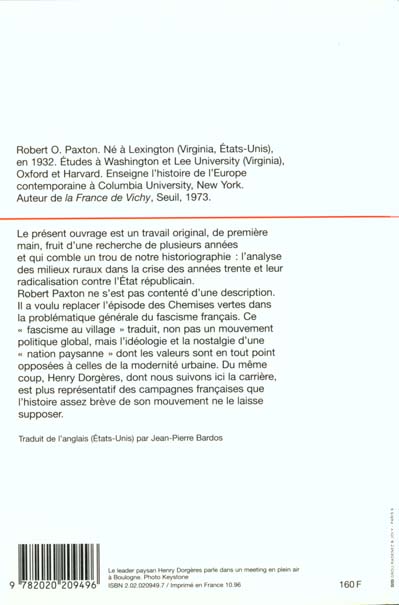 Quatrième de couverture de « LE TEMPS DES CHEMISES VERTES. REVOLTES PAYSANNES ET FASCISME RURAL (1929-1939) »