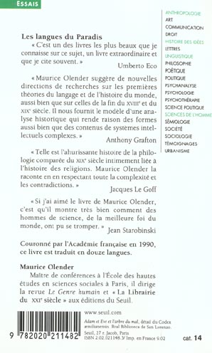 Quatrième de couverture de « LES LANGUES DU PARADIS - ARYENS ET SEMITES : UN COUPLE PROVIDENTIEL »