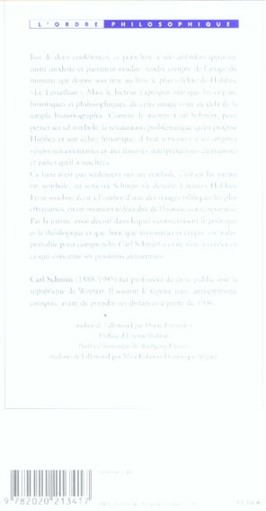 Quatrième de couverture de « LE LEVIATHAN DANS LA DOCTRINE DE L'ETAT DE THOMAS HOBBES. SENS ET ECHEC D'UN SYMBOLE POLITIQUE »