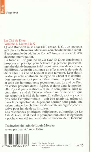 Quatrième de couverture de « LA CITE DE DIEU - PARTIE 1 : LIVRES I A X »