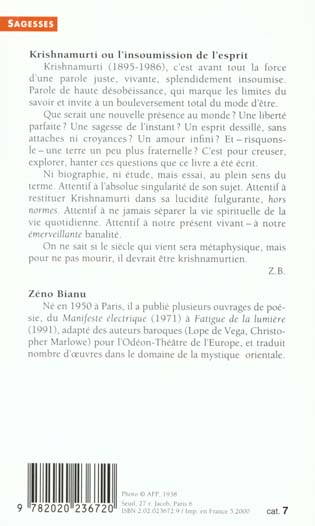 Quatrième de couverture de « KRISHNAMURTI. OU L'INSOUMISSION DE L'ESPRIT »