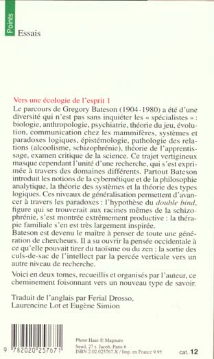 Quatrième de couverture de « VERS UNE ECOLOGIE DE L'ESPRIT »