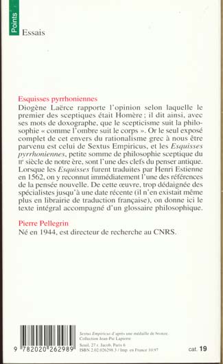 Quatrième de couverture de « ESQUISSES PYRRHONIENNES - BILINGUE GREC - FRANCAIS »