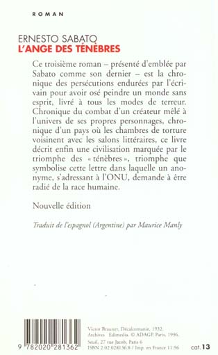 Quatrième de couverture de « L'ANGE DES TENEBRES - NOUVELLE EDITION »