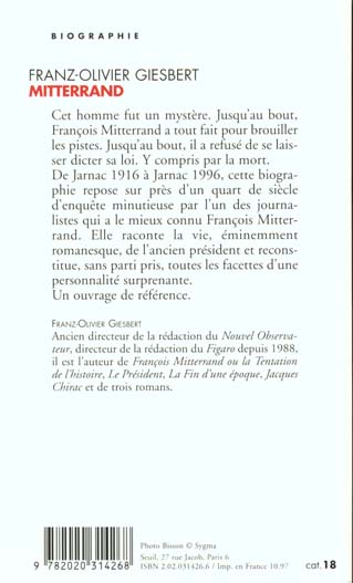 Quatrième de couverture de « FRANCOIS MITTERRAND, UNE VIE »