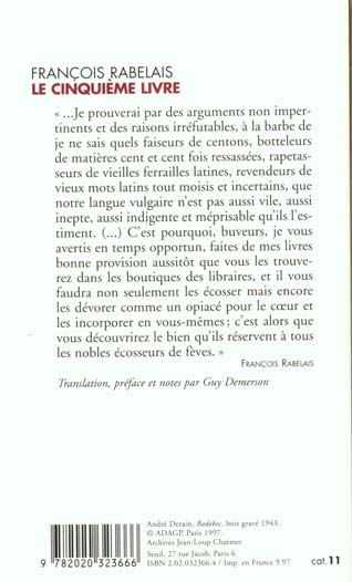 Quatrième de couverture de « LE CINQUIEME LIVRE (TEXTE ORIGINAL ET TRANSLATION EN FRANCAIS MODERNE) »