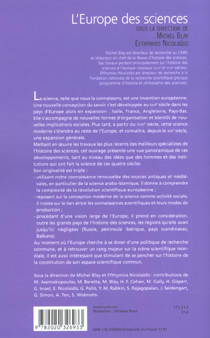Quatrième de couverture de « L'EUROPE DES SCIENCES. CONSTITUTION D'UN ESPACE SCIENTIFIQUE »