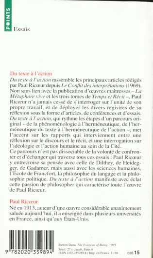 Quatrième de couverture de « DU TEXTE A L'ACTION - ESSAIS D'HERMENEUTIQUE »
