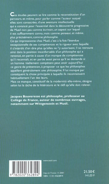 Quatrième de couverture de « LA VOIX DE L'AME ET LES CHEMINS DE L'ESPRIT. DIX ETUDES SUR ROBERT MUSIL »