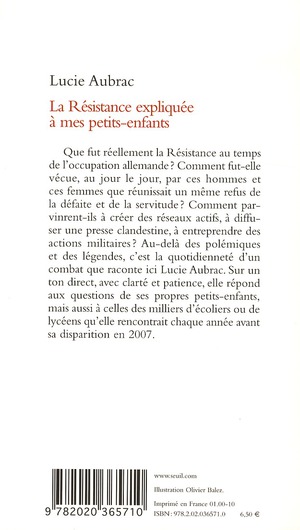 Quatrième de couverture de « LA RESISTANCE EXPLIQUEE A MES PETITS-ENFANTS »