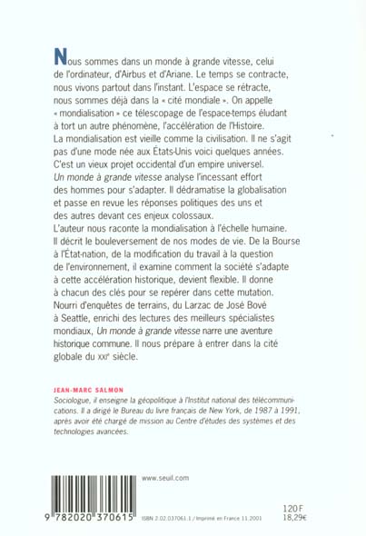 Quatrième de couverture de « UN MONDE A GRANDE VITESSE. GLOBALISATION, MODE D'EMPLOI »