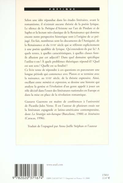Quatrième de couverture de « POETIQUE ET POESIE LYRIQUE. ESSAI SUR LA FORMATION D'UN GENRE »