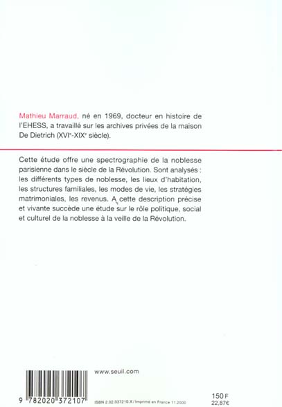 Quatrième de couverture de « LA NOBLESSE DE PARIS AU XVIIIE SIECLE »
