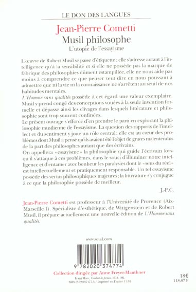 Quatrième de couverture de « MUSIL PHILOSOPHE. L'UTOPIE DE L'ESSAYISME »