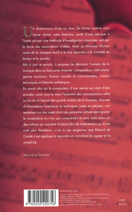 Quatrième de couverture de « NOUVEAU DICTIONNAIRE DE LA MUSIQUE - NOUVELLE EDITION »