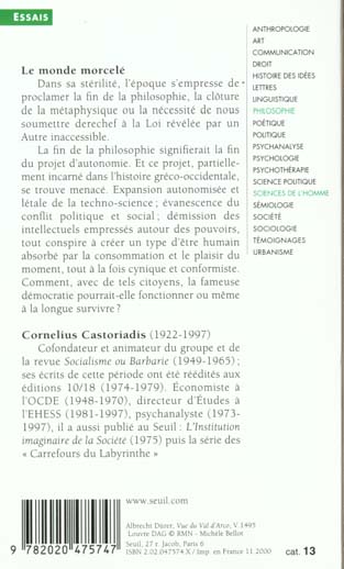Quatrième de couverture de « LE MONDE MORCELE - LES CARREFOURS DU LABYRINTHE »