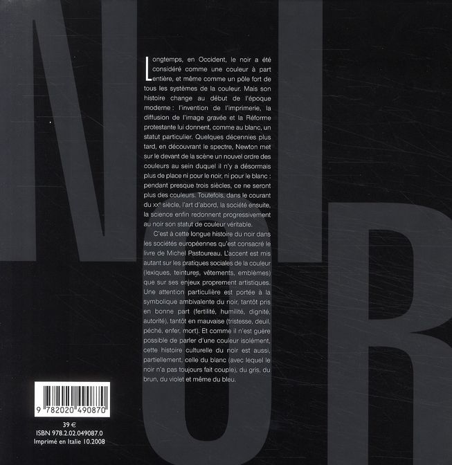 Quatrième de couverture de « Noir : histoire d'une couleur »