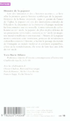 Quatrième de couverture de « HISTOIRE DE LA PAPAUTE. 2000 ANS DE MISSION ET DE TRIBULATIONS »