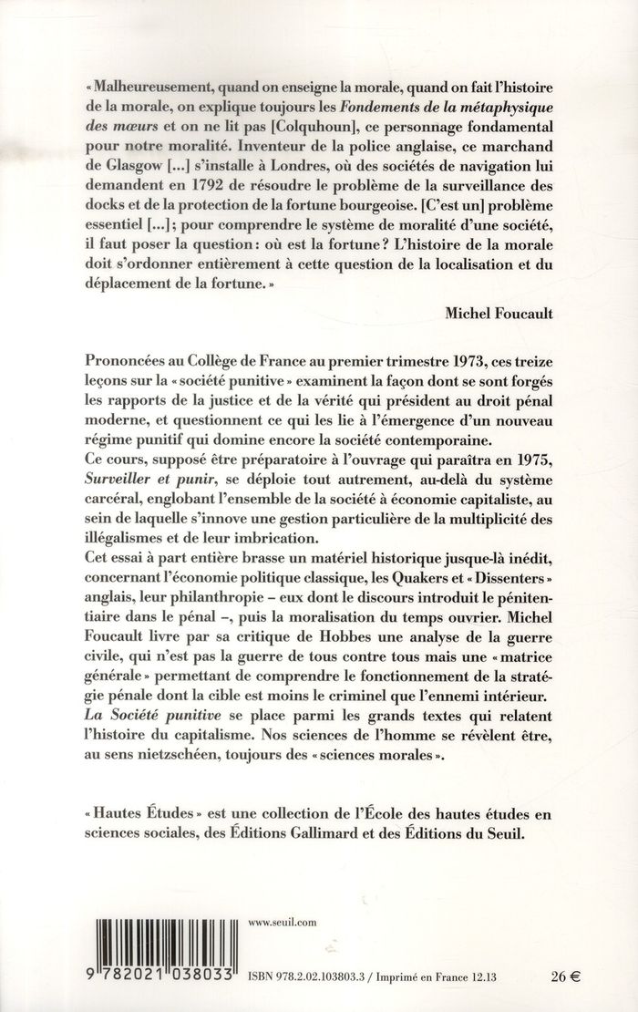 Quatrième de couverture de « LA SOCIETE PUNITIVE - COURS AU COLLEGE DE FRANCE (1972-1973) »