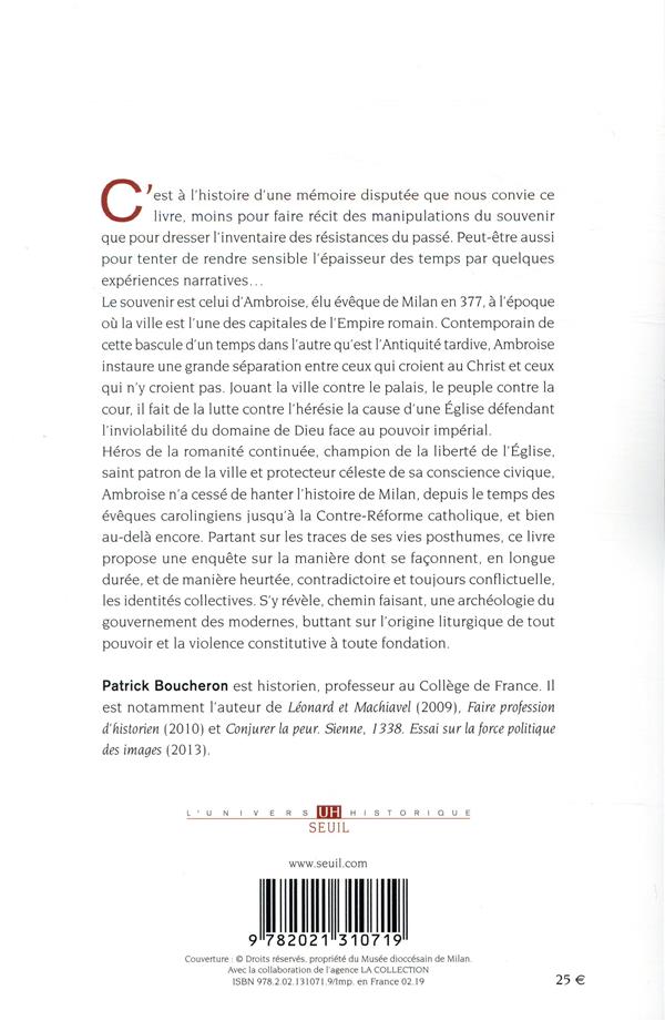 Quatrième de couverture de « La trace et l'aura : vies posthumes d'Ambroise de Milan, IVe-XVIe siècle »