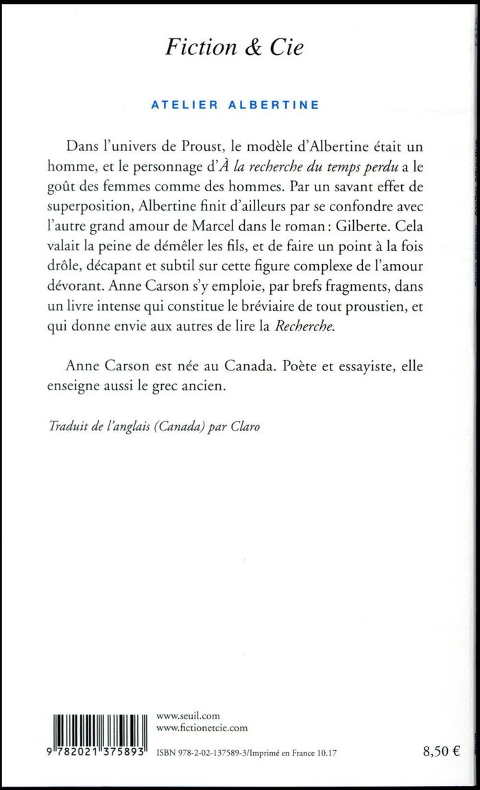Quatrième de couverture de « Atelier Albertine : un personnage de Proust »