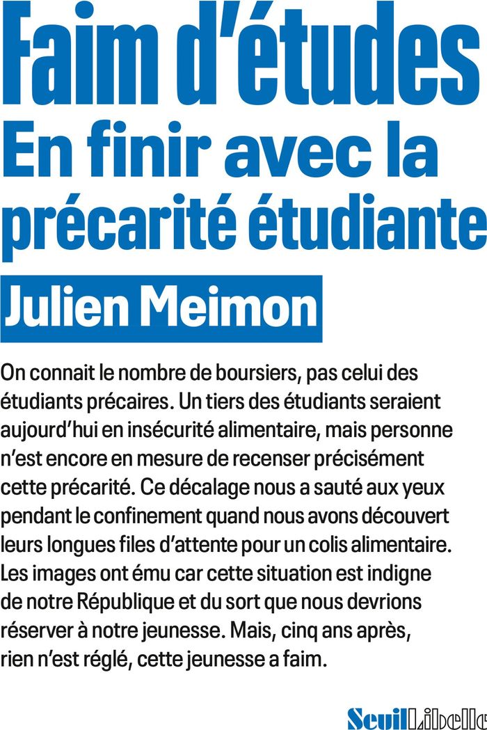 Couverture du livre « Faim d'études : en finir avec la précarité étudiante » de Julien Meimon, librairie Les Contes Infusés à Corte