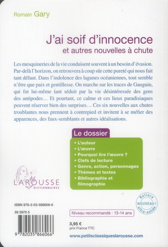 Quatrième de couverture de « J'ai soif d'innocence : et autres nouvelles à chute »