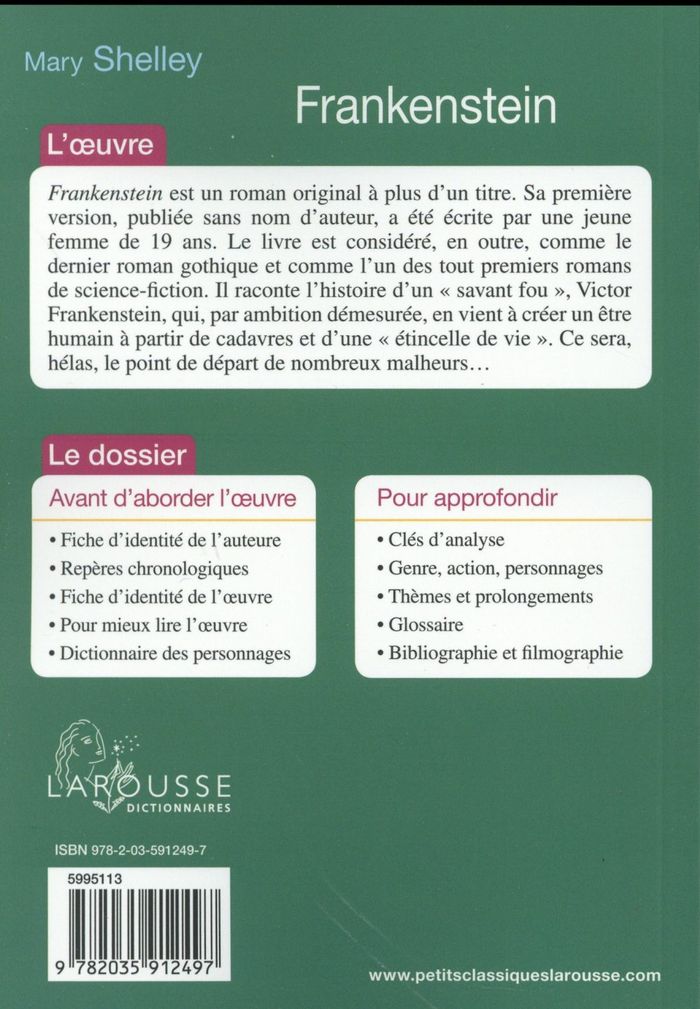 Quatrième de couverture de « Frankenstein ou Le Prométhée moderne : extraits »