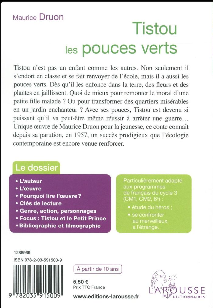 Quatrième de couverture de « Tistou les pouces verts »