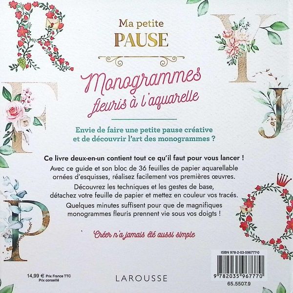 Quatrième de couverture de « Ma petite pause : monogrammes fleuris à l'aquarelle »
