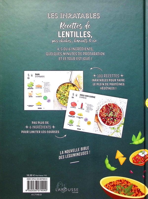 Quatrième de couverture de « Recettes de lentilles, pois chiches, haricots & Cie »
