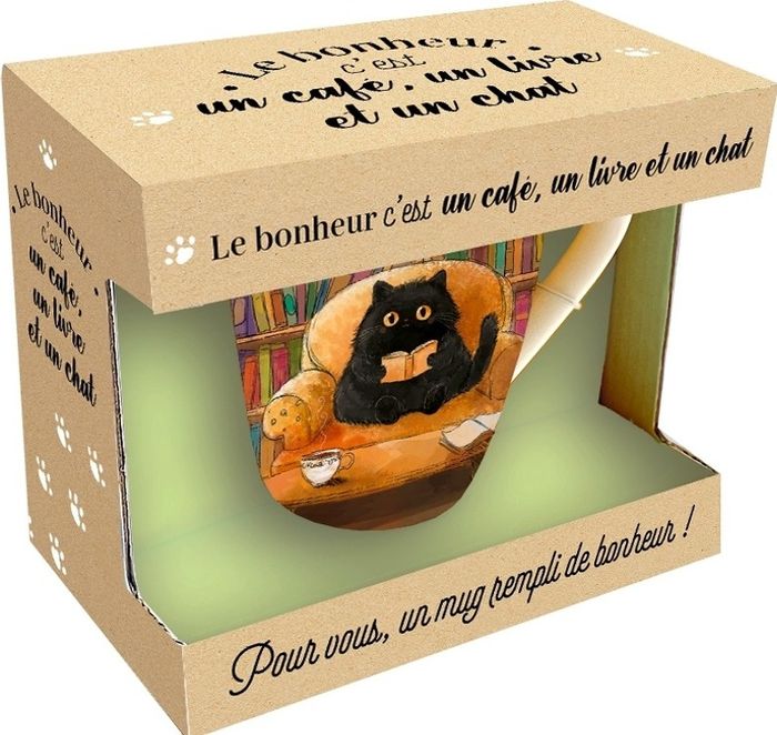 Couverture du livre « MUG LE BONHEUR C'EST UN CAFE, UN LIVRE ET UN CHAT », librairie Les Contes Infusés à Corte