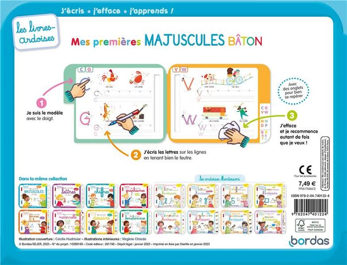 Quatrième de couverture de « LES LIVRES-ARDOISES - MES PREMIERES MAJUSCULES BATON »