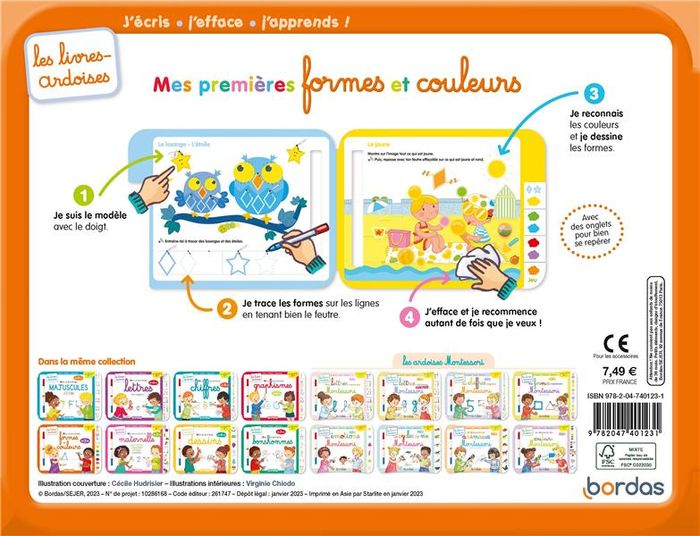 Quatrième de couverture de « LES LIVRES-ARDOISES - MES PREMIERES FORMES ET COULEURS »