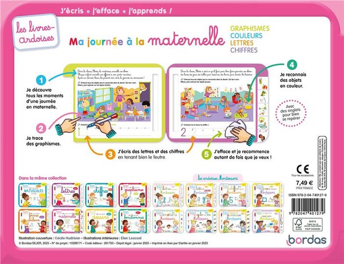 Quatrième de couverture de « LES LIVRES-ARDOISES - MA JOURNEE A LA MATERNELLE GRAPHISME COULEURS LETTRES CHIFFRES »