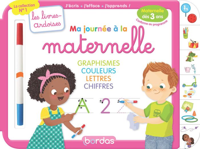Couverture du livre « LES LIVRES-ARDOISES - MA JOURNEE A LA MATERNELLE GRAPHISME COULEURS LETTRES CHIFFRES » de Hudrisier/lescoat, librairie Les Contes Infusés à Corte
